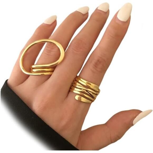 Edgy Geometric Knuckle Rings – Chunky Adjustable Gold Statement Ring Set - Picture 1 of 4